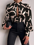 Spring New Sexy Elegant Hollow Out Backless Tops Women Vintage Print Lantern Sleeve Shirt Lady Fashion Turtleneck Lace-Up