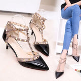 Women's Shoes 2019 Summer Pointed High-heeled Stiletto Patent Leather Rivet Single Shoes Was Thin Buckle Women's
