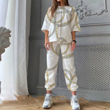 Spring Summer New Women O Neck Print Fashion Casual Set Elegant Mid Sleeves Long Pants Loose Pullover Soft Streetwear