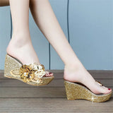 2022 Summer New Wedges Sandals Women Sexy Crystal Transparent High Heels PVC Slippers String Bead Slippers Fashion