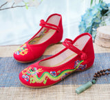 Breakj Dragon] Retro Embroidery Dragon Grain Shallow Mouth Plate Buckle Low Heel Canvas Embroidered Cloth Shoes Women's Single