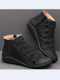 2022 New Women's Casual Flat Leather Retro Lace-up Boots Side Zipper Round Toe Shoe Leather Ankle Boots Zapatos Mujer Wram