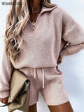 Casual Women's Suit Knitted Fitness Turn-down Collar Sweatershirt Lace Up Shorts Loose Fashion Female Tracksuit