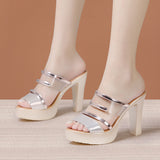 Women In Golden Fashion Wear High-Heeled, Thick-Heeled, Transparent Sandals And Large-Size Flip-Flops For Thick-Soled Waterproof Platform In Summer