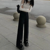 Y2K Pants Women Heart Design High Waist Jeans Black Slit Flared Pants Japanese Soft Girl Lolita Pants Wide Leg Straight