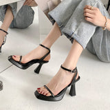 Ladies Sexy Sandals Stiletto Ankle Buckle Ladies Square Middle Heel Square Toe Women's Shoes Fashion Solid Color