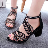 2020 New Style Women Summer Hollow Out Faux Leather Rhinestones Thick Heel Zipper Sandals Shoes