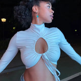 2021 Autumn Women Sexy Hollow Out T-Shirt Drawstring Lace Up Turtleneck Ruched Tops Hot Street Party Clubwear