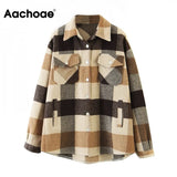 Loose Casual Wool Plaid Jacket Women Turn Down Collar Fashion Coat With Pockets Autumn Long Sleeve Ladies Jackets