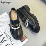 Platform Leather Shoes Women Chunky Thick Sole Round Toe Black Pu Shallow Pure British Style Retro Slip-on Leisure