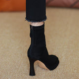 Breakj New 2024 Autumn And Winter Female Frosted Elastic High Heel Thick Heel Square Head Waterproof Platform Package Leg Thin Boots Ankle Boots High