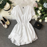 Women Polka Dot Chiffon Overalls Sashes Korean Short Sleeve V Neck Beach Rompers Loose Casual Summer Wide Leg