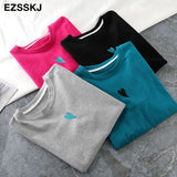summer Women basic heart embroidery T-shirt Casual Loose short sleeve bottom candy color cotton T-shirt Female