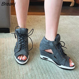 Women'sautumn Fashion All-match Denim Wedge Zipper Ankle Boots Lace Up High-heeled Sneakers Vulcanize Shoes Summer