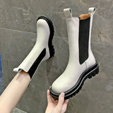 Women Botas Square Toe Platform Thick Heel Mid-Calf Boots Woman Fashion Slip-on Chelsea Booties Autumn Winter