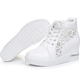 Women Wedge Platform Sneakers Rubber Brogue Leather High heels Lace Up Shoes Pointed Toe Height Increasing Creepers White