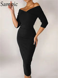 V Neck Sexy Off Shoulder Skinny Bodycon Midi Dress 2021 Women Clothing Black Wrap Backless Party Night Club Elegant