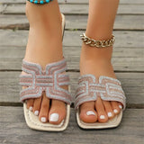 Breakj Flat Bottom Cool Slippers Women 2025 Summer New Color Water Drill Square Head Casual Word