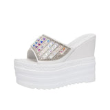 Rhinestone Wedges Heel Women Slippers Platform Shoes Peep Toe Height Increasing Slides Ladies Sandals Zapatos De
