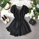 Women Polka Dot Chiffon Overalls Sashes Korean Short Sleeve V Neck Beach Rompers Loose Casual Summer Wide Leg