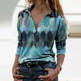 Slim Fashion Women Autumn Geometric Print V Neck T-shirts Casual Long Sleeves Zipper Pullover Elegant Streetwear Female