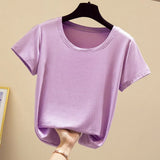 Popular Light Thin High Elastic Fashion Casual Round Collar Short Sleeve T-Shirt Brand High Quality Pure Cotton Women'S