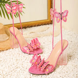 New Pink Embroidered Butterfly Crystal Love With High Heels With Roman