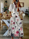 Women Elegant Commuter Lapel Puff Sleeve Long Dress Chic Floral Print Pocket Tie High Waist Dress Summer Office Elegant