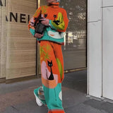 Ladies Long Sleeve Vintage Printed Outfits Fall Winter Women Two Piece Sets Elegant Turtleneck Pullover Top+Wide Leg Pants
