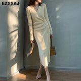 2021 thick dress warm autumn winter maix sweater dress women bodycon v-neck Drawstring long dress female slim elegant