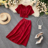 New Summer Women Casual V Neck Single Breasted Crop Tops High Waist A-line Solid Color Skirt Two Piece