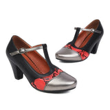 Retro Mary Janes Classsic Lolita Shoes Sexy Snake Pattern Stitching Patchwork T-Strap Buckle Round Toe High Kitten Heel