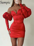 Sexy Women Red Night Club Fashion Bodycon Off Shoulder Mini Dress 2022 Party Long Puff Sleeve Wrap V Neck