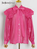 Straight Shirt For Women Peter Pan Collar Long Sleeve Lace Up Bowknot Solid Ruched Blouses Female Spring