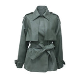 New Spring Autumn Women Faux PU Leather Casual Streetwear Outwear Motorcycle Leather Jacket with Belt Green Biker