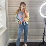 Chic Contrast Color Striped Pacthwork Loose Blouse Women 2021 Fashion Lapel Collar Pocket Shirts Girls Casual