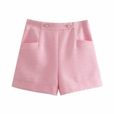Chic Pink Shorts Suit Women 2021 Fashion Double Breasted Pockets Short Sleeve Texture Blazers Buttons Shorts