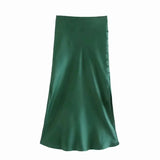 Satin Elastic waist Women Side Slit Midi Skirt 2020 New Fashion Casual Lady Button decoration Slim A-Line Skirts