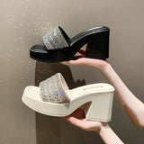 Breakj Summer New Fashion Women's Shoes Water Diamond One-Word Waterproof Platform Thick With Cool Drag High Heel Slippers