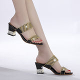 New Diamond Sandals Women's Summer High Heels Thick Heels Leather Fashion Inlaid Diamond