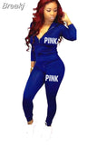 Fall PINK Letter Print Tracksuits Women Zip Hooded Long Sleeve Coat And Pants Two Piece Set Female Casual Sport