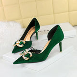 Breakj Banquet High Heels Fine Heel Shallow Mouth Tip Side Hollow Out And Thick Suede Water Diamond Button Bow Single