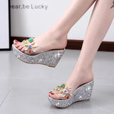 2020 Women Transparent Clear Crystal Sequins Platform Wedge Thick Sole Sandals High Heels Mules Slides Summer Beach