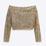 Chic Gold Sequined Cropped Blouses Women Fashion Sexy Slash Neck Shirts Elegant Ladies Short