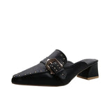 New Summer Rivet Belt Buckle Pointed Baotou Semi-Thick Heel Sandals For Women's