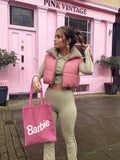 Sweet Pink Double Wear Drawstring Cropped Vest Coat Women 2021 Fashion Stand Collar Zipper