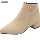 ANKLE BOOTS Fashion Casual Genuine Leather Low High Heels Thick Shoes PU Autumn Pointed Toe Rubber Female Winter Black