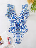 Shoulder Lotus Side Deep V-Piece Swimsuit Women's Half-Dress Two Sets Of Retro-Print