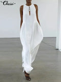 Celmia Fashion Casual Maxi Vesitdos Sleeveless Sexy Open Chest Long Robe O-neck Women Dresses Holiday Shirred Waist Tank