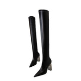 Women Leather Thigh High Boots Thick High heels Stretch Skinny Over the knee boots Autumn Winter Warm Female Boots